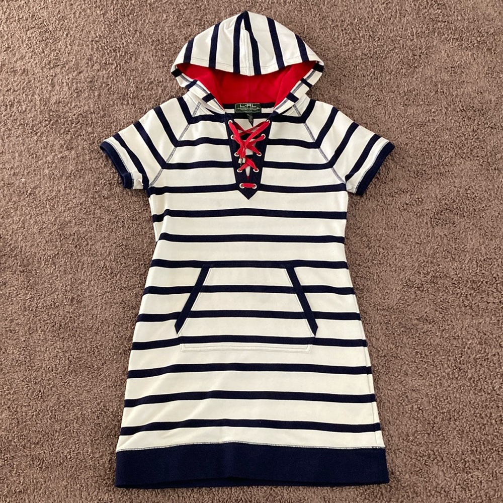 Lauren Active Ralph Lauren L-RL Nautical Striped Hoodie Dress Size PM Red Wht Bl